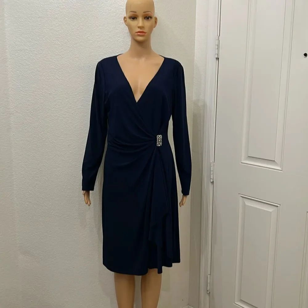 American Living Dress navy vneck long sleeve faux wrap midi diamond studded pin